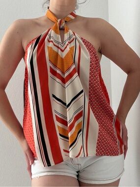 Banana Republic Orange & White Flowy Halter neck Top